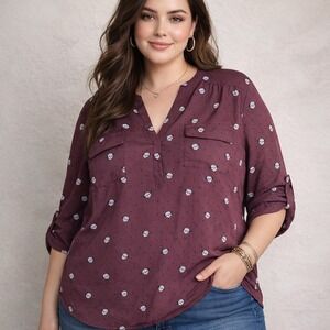 Torrid Harper Blouse Women 2 Burgundy Pug Dog Polka Dot Roll Tab Sleeve